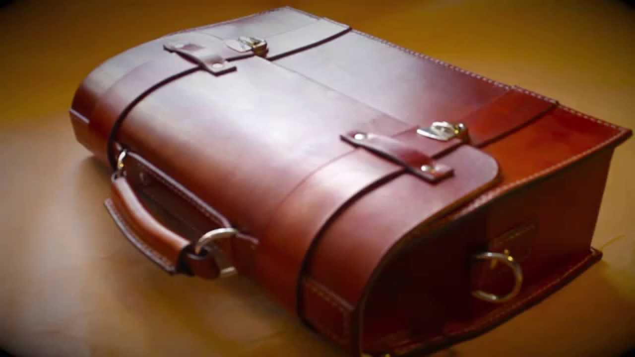 Handmade Leather Briefcase, hand stitched vegetable tanned leather brass buckles.