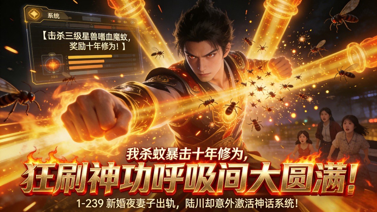 一口气看完《我杀蚊暴击十年修为，狂刷神功呼吸间大圆满！》1-239 新婚夜妻子出轨，陆川却意外激活神话系统！ 【击杀三级星兽嗜血魔蚊，奖励十年修为！】 陆看着掌心被拍扁的蚊子，陷入沉思。