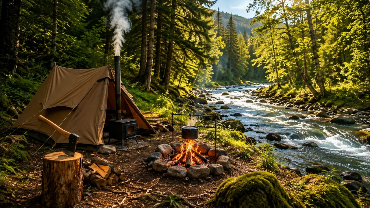 Hot Tent Camping by the River   Catch & Cook