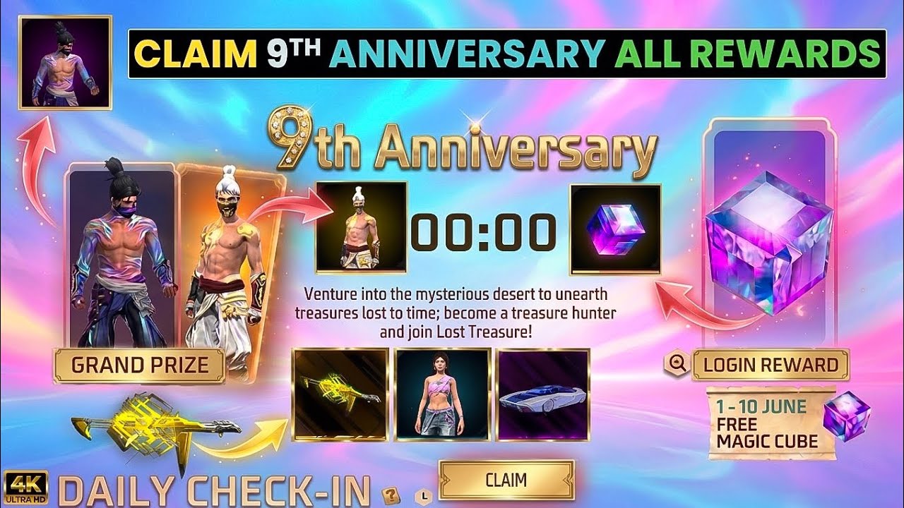 Claim 9th Anniversary All Rewards 😘 Free Fire 9th Anniversary | Golden Shade Bundle | FF New Event 