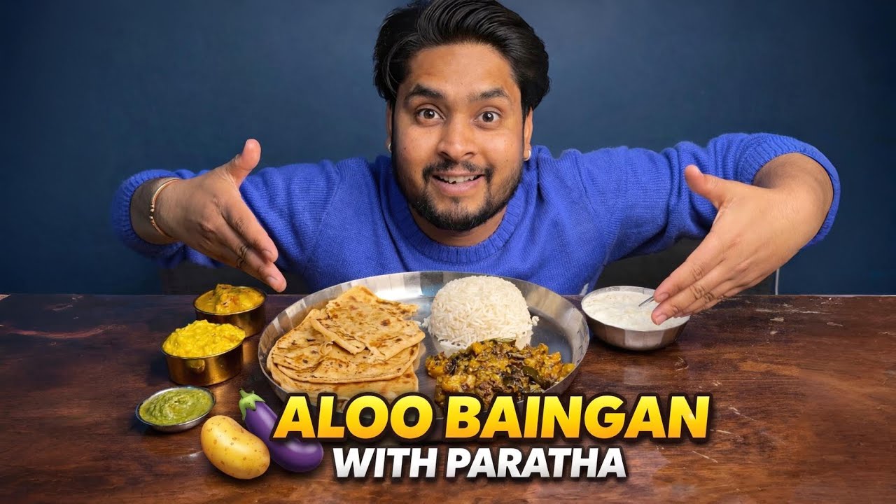 ASMR Eating Tasty Aloo Baingan With Paratha & Rice