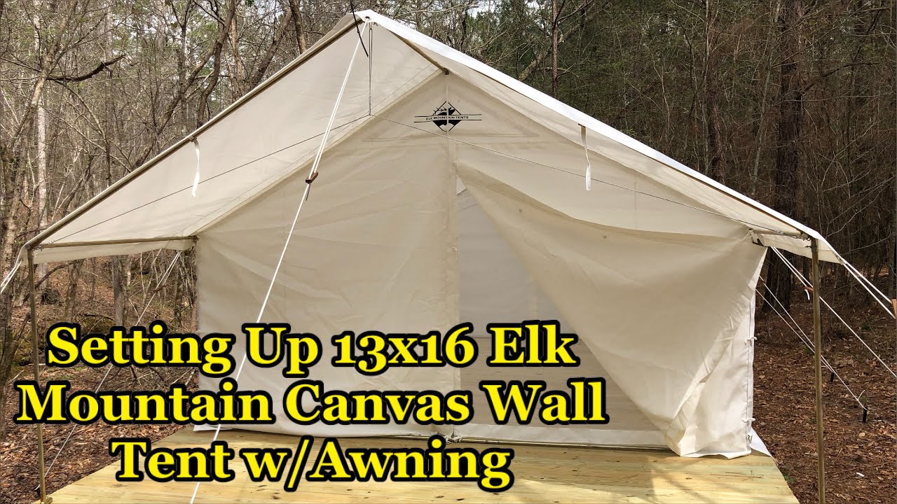Elk Mountain 13x16 Canvas Wall Tent w/Awning Set Up at Permanent Campsite