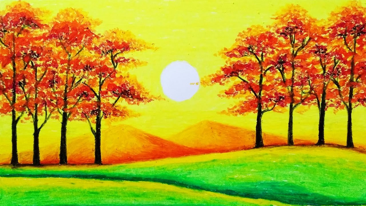 Cara Menggambar Pemandangan Pohon Musim Gugur dan Sunset | Gambar Pemandangan Dengan Oil Pastels
