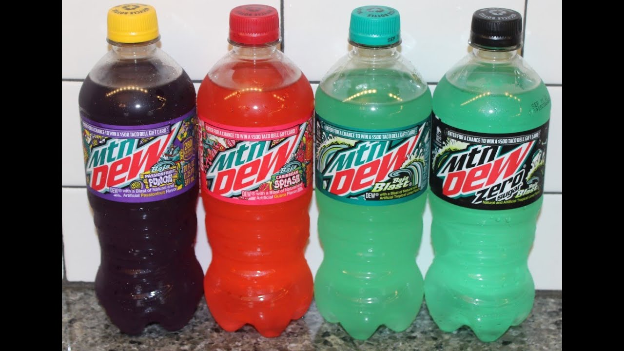 Mtn Dew Baja Passionfruit Punch, Baja Caribbean Splash, Baha Blast & Zero Sugar Baha Blast