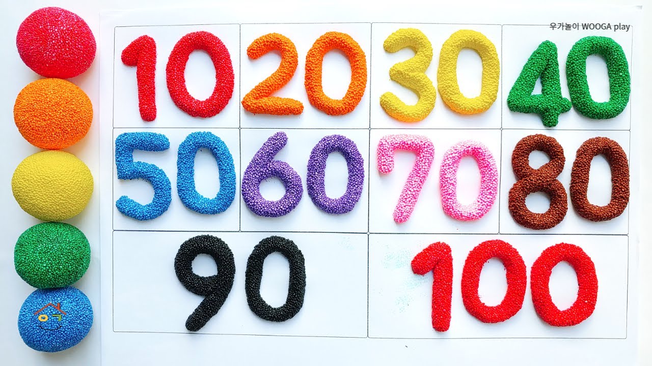 점선 숫자 따라 색깔 클레이로 숫자 10, 20, 30 40, 50, 60, 70, 80, 90, 100 만들기