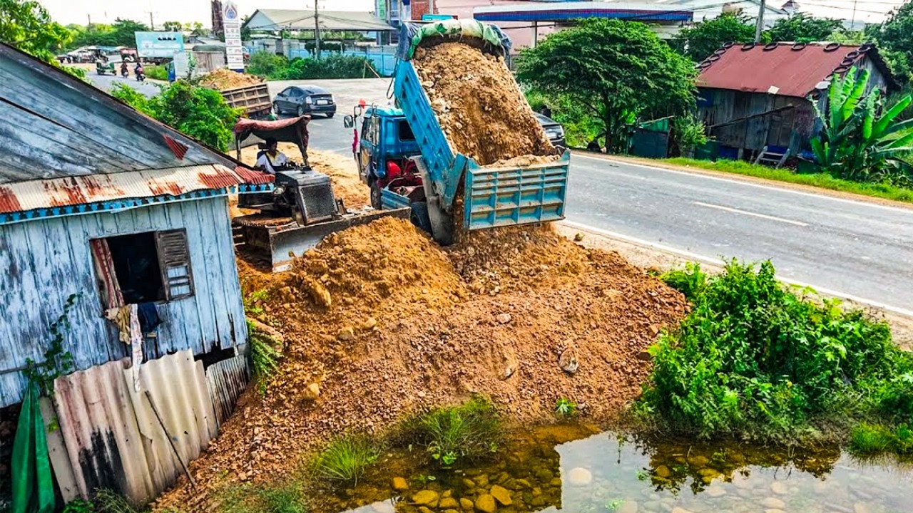 Start New Project! Amazing Skill Dozer Pushing Soil with 5 Ton Dump Truck
