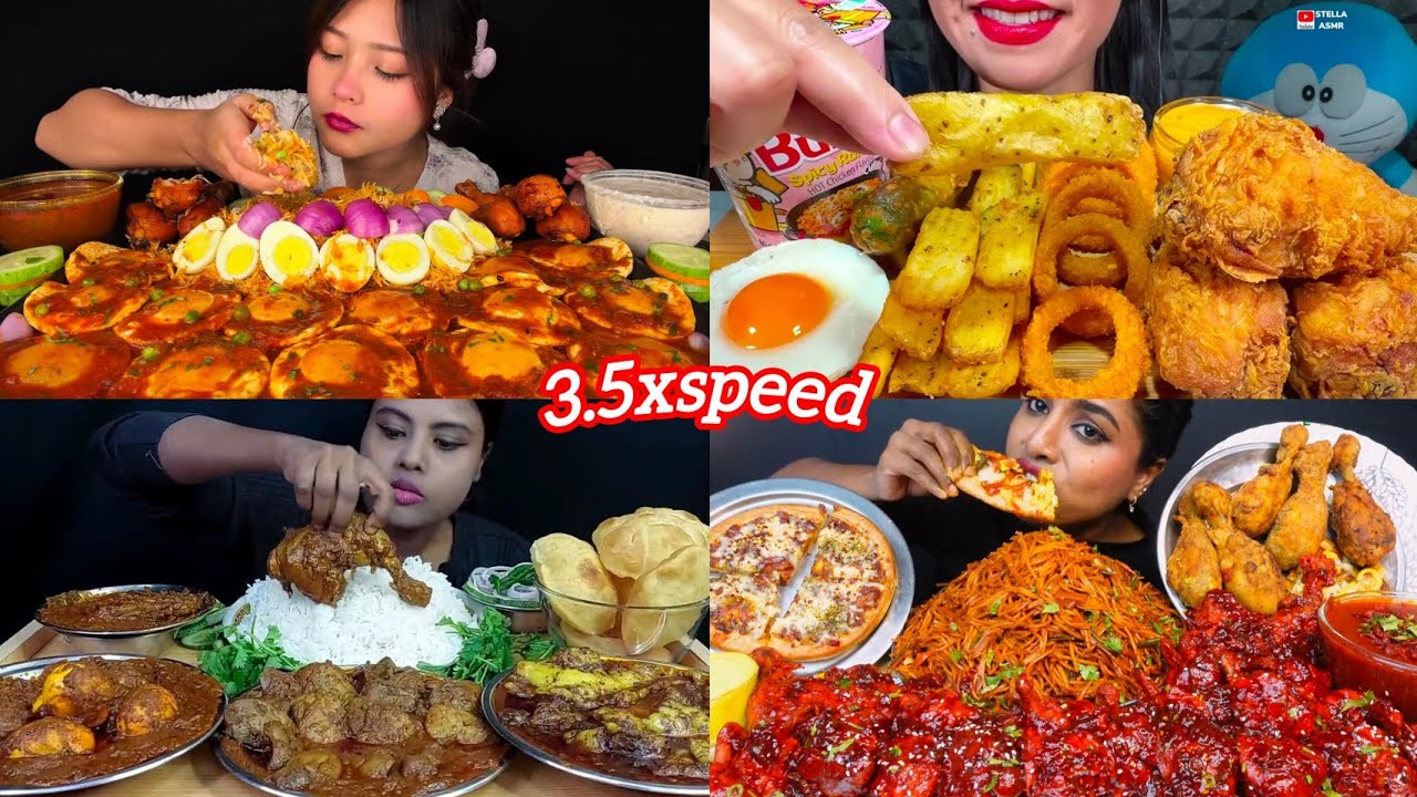 ASMR :EATING Mutton Fat Curry Chicken Leg, Egg Noodles, Fried Chicken Pulao Rice Salad Mukbang 3X