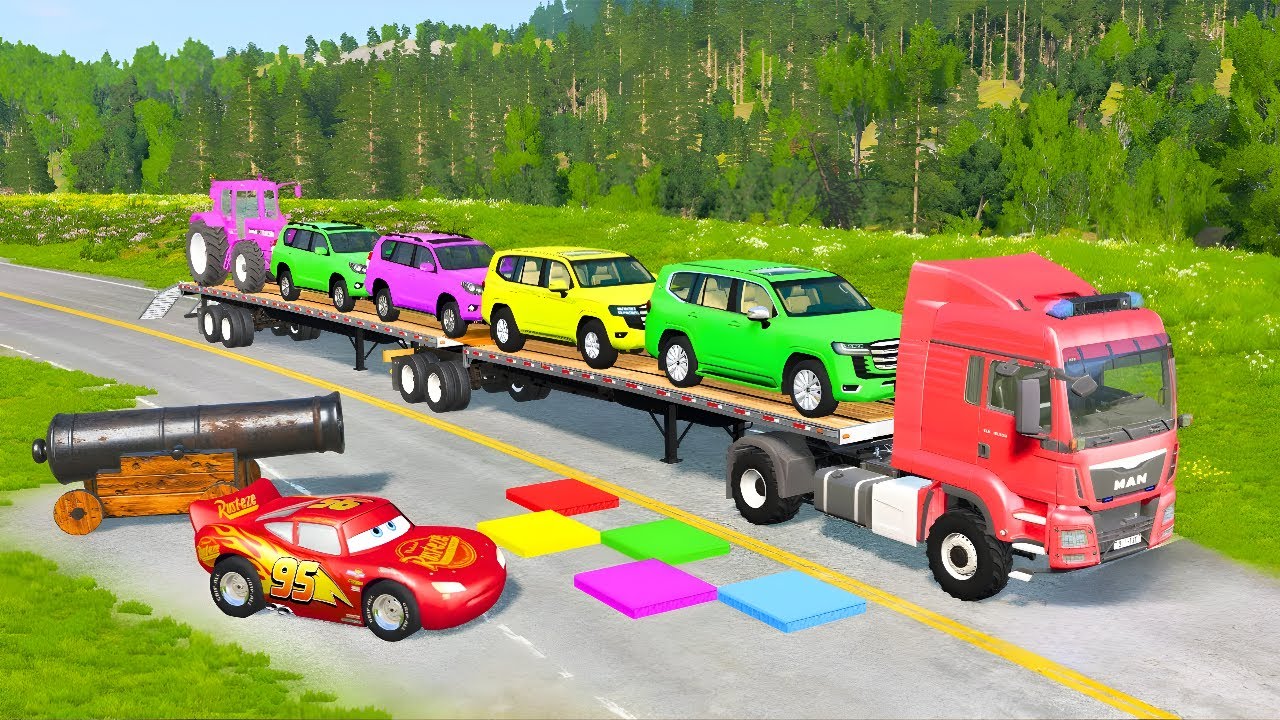 Flatbed Truck Mcqueen | Transportation with Truck - Pothole vs Car #18 - BeamNG.Drive