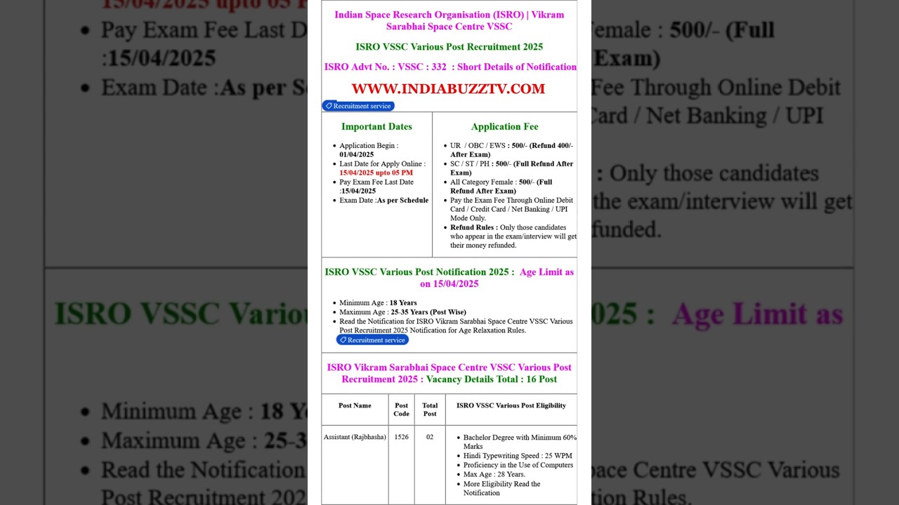 ISRO Vikram Sarabhai Space Centre VSSC Assistant, Driver, Fireman, Cook Recruitment 2025 Apply 