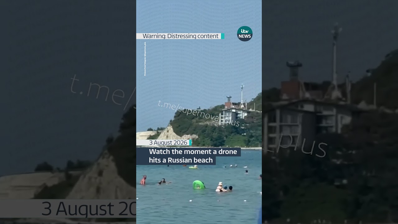 Video shared by Russian-language Telegram captured the moment a drone fell onto a beach in Russia.