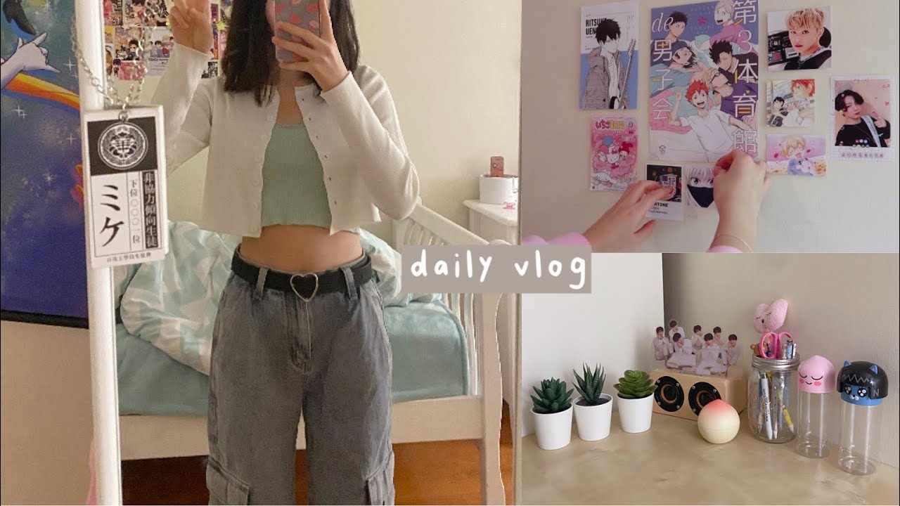 vlog: new desk setup, anime wall decor & clothing haul