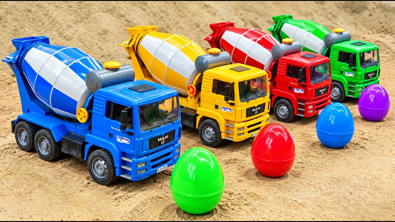 Cement Trucks, Concrete Mixers and Giant Colorful Eggs in the Sand | Fun Toy Cars Collection