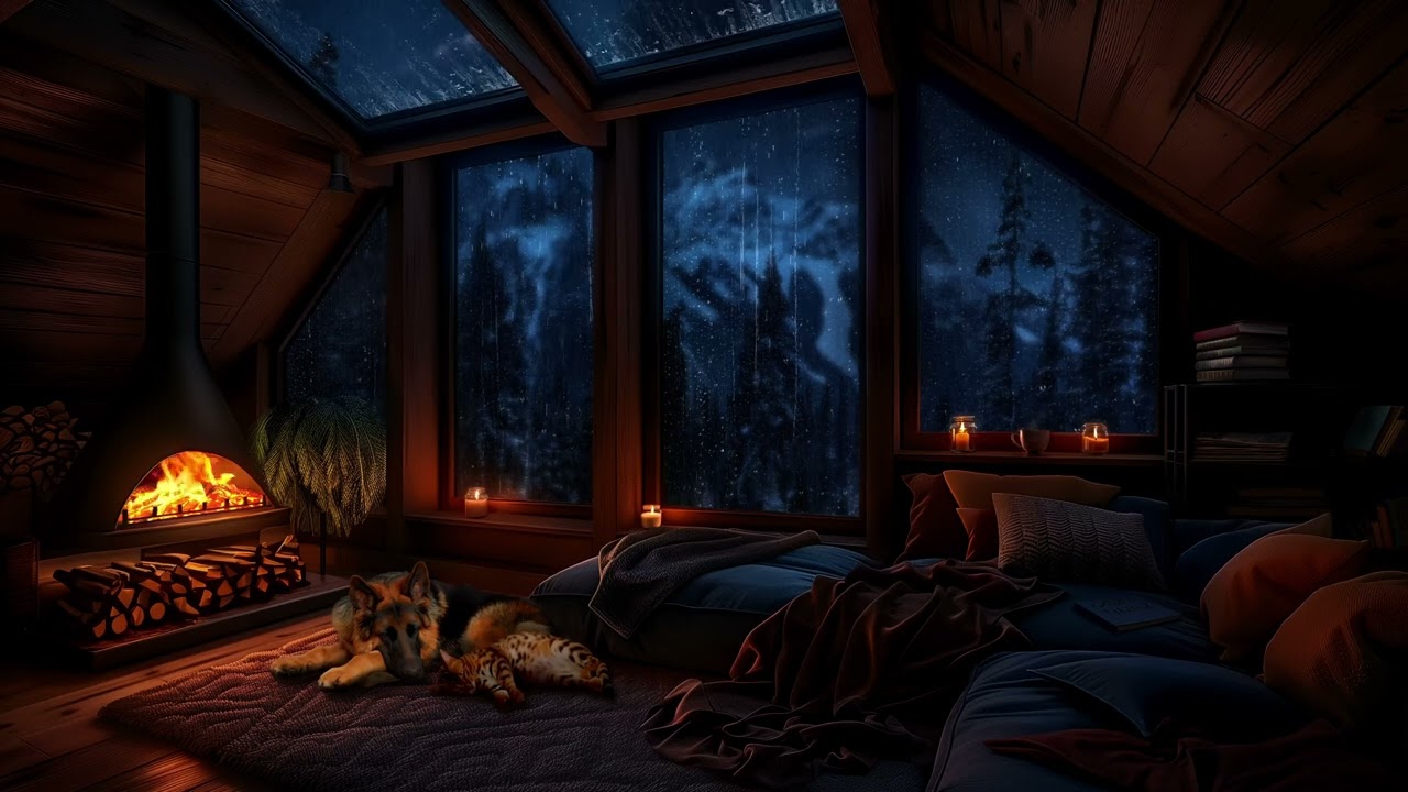 Cozy Attic Living Room with Thunderstorm, Rain Sounds, and Crackling Fireplace