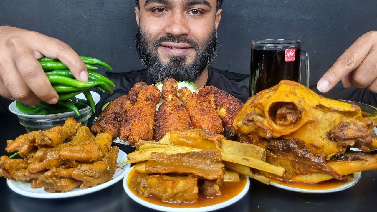 Spicy Goat Head,Spicy Mutton Curry,Chicken Leg Piece Fry,Chicken Feet Curry,Green Chilli 🌶️🌶️Eating.