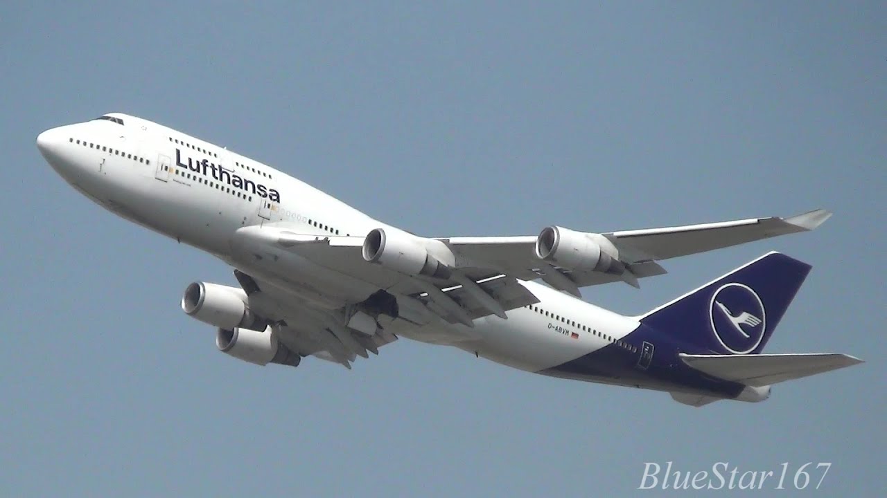 Lufthansa Boeing 747-400 (D-ABVM) takeoff from FRA/EDDF (Frankfurt - am Main) RWY 25C