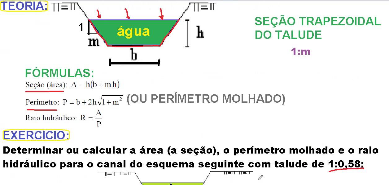 Curso de Engenharia Civil Cálculo seção área perímetro molhado raio hidráulico Hidráulica de Canais