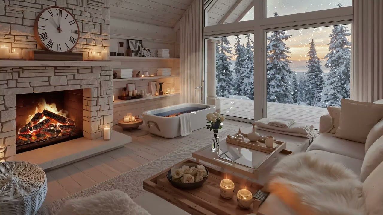 Relaxing Winter Snowfall with Fireplace Ambience❄️ Gentle Piano & Fire Sounds for Study, Focus