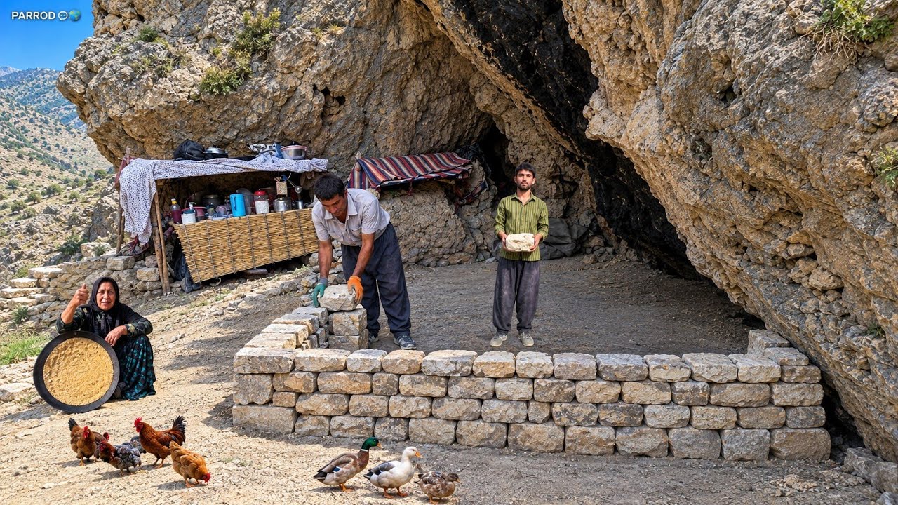 Nomadic Family Prepares for a Brutal Winter | 🪨 Building a Stone Shelter Inside a Mountain Cave 🏔️