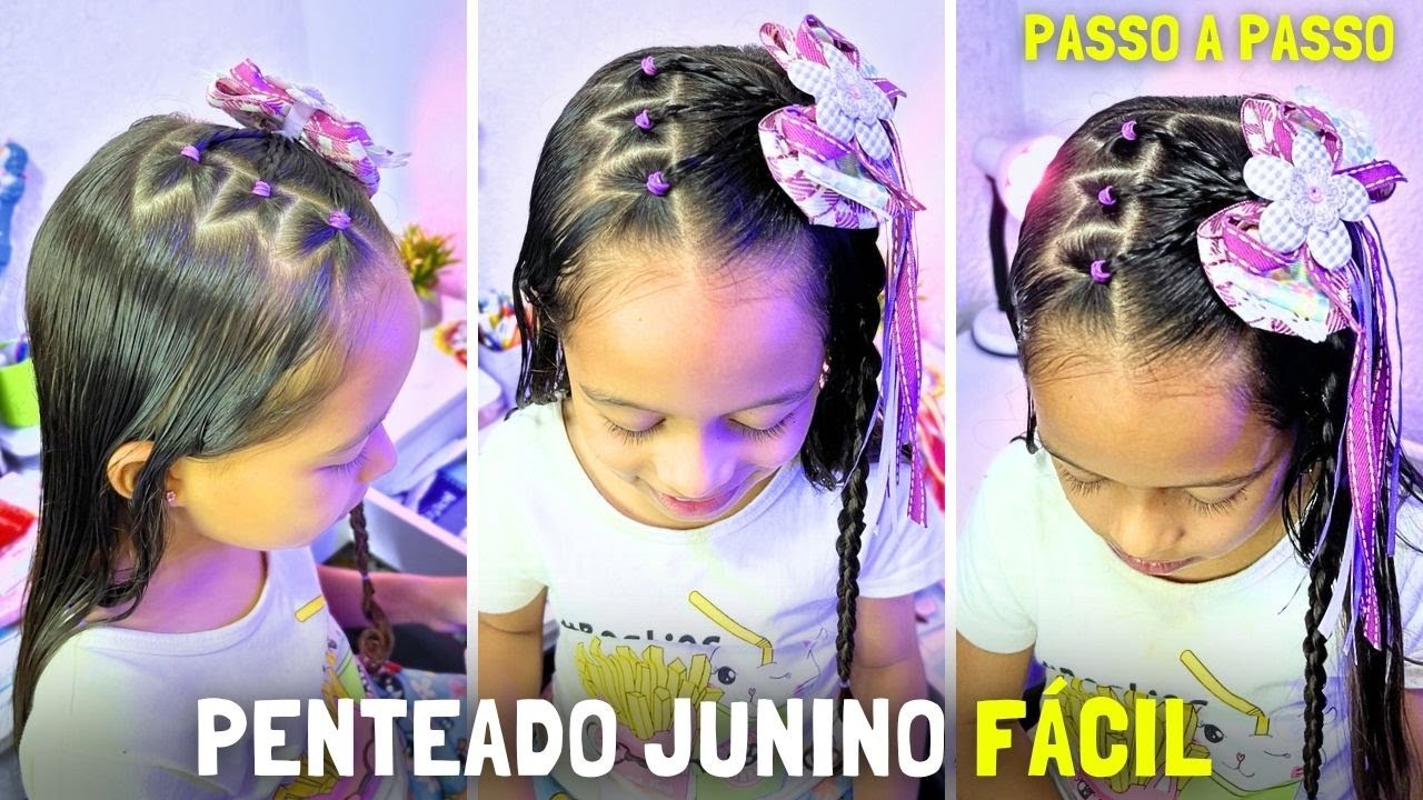 Penteado infantil fácil para festa junina 🌽 penteado de São João