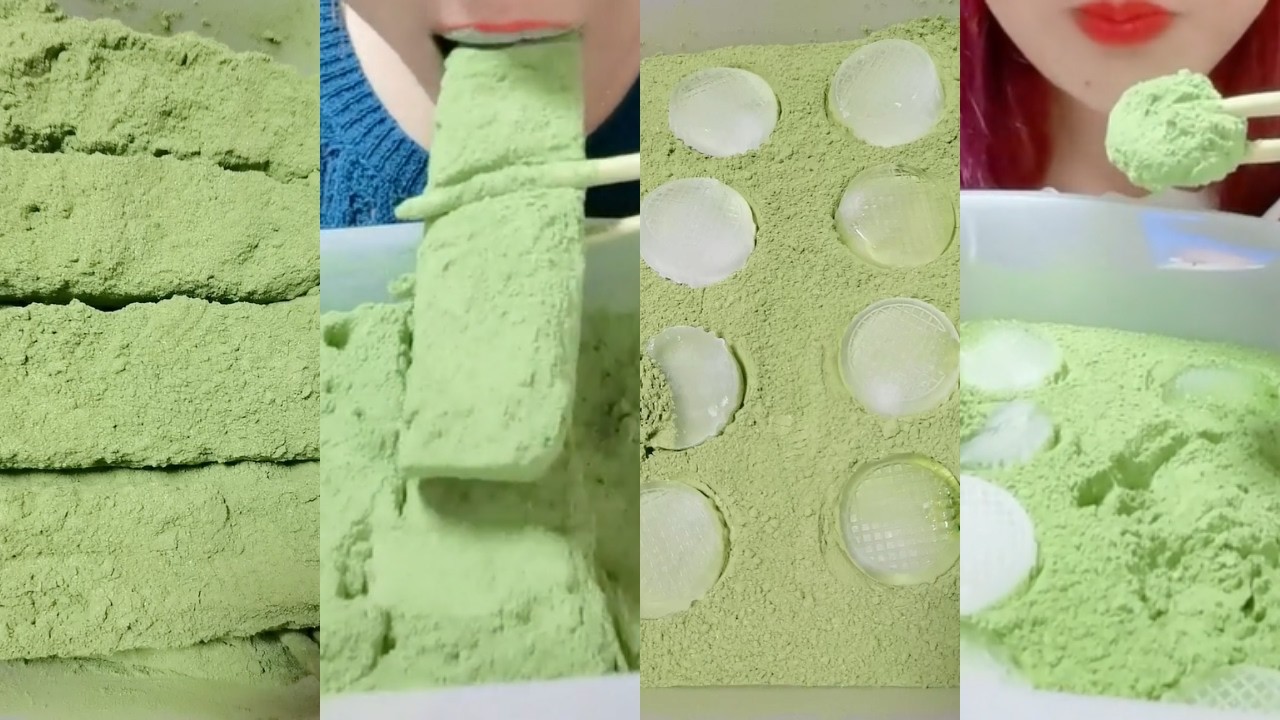 ASMR COATED MATCHA POWDER ICE EATING กินน้ำแข็ง 💚🍵 DRY BLOCK ICE & THIN ICE CRUNCH 녹차 | Матча | 抹茶