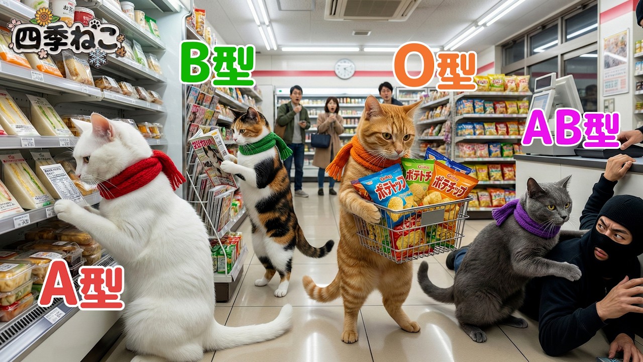 【血液型あるある】 AI猫のコンビニでの行動🐱🏪【四季ねこ】