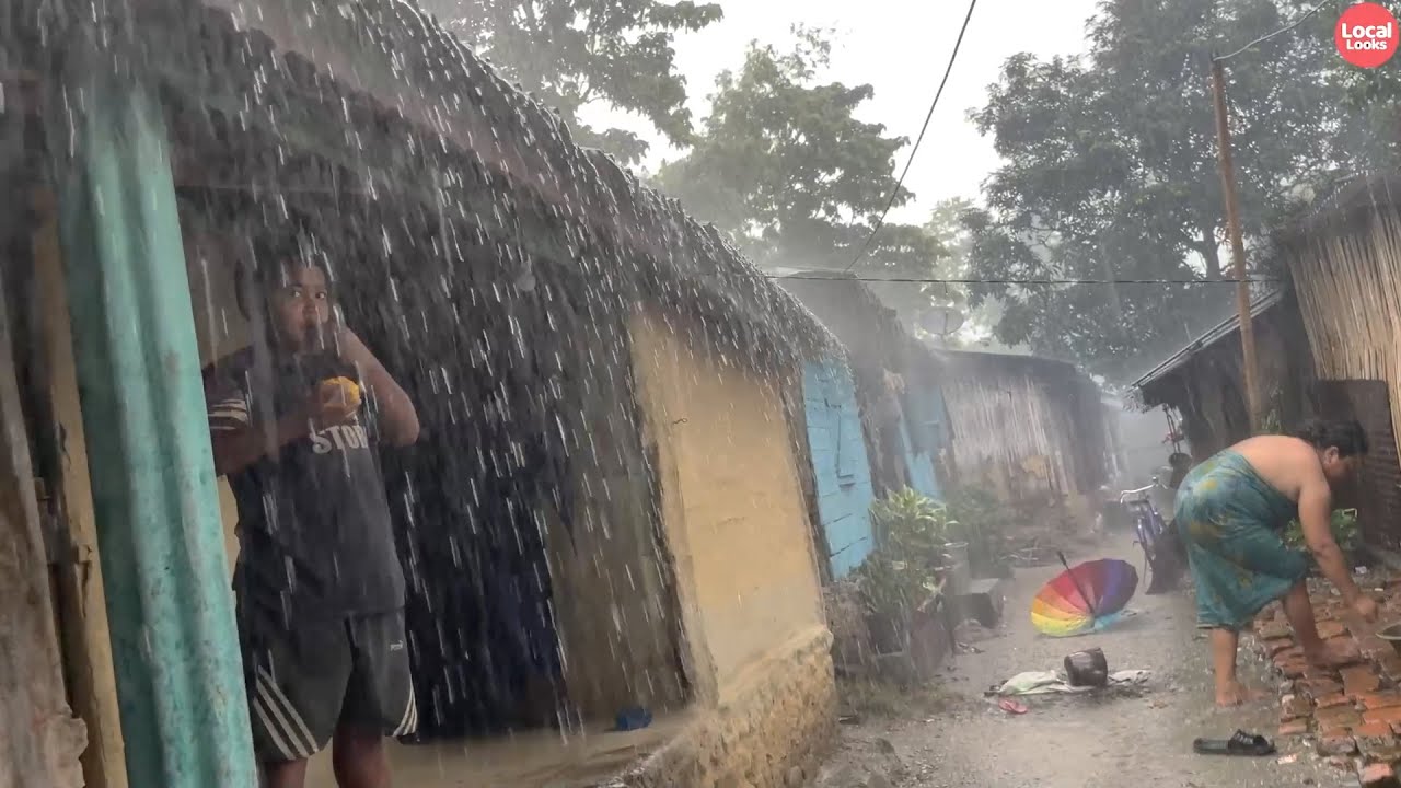 In Rain Cooking and Eating Food-Bathing and a Rainy Day Walk through Small Village