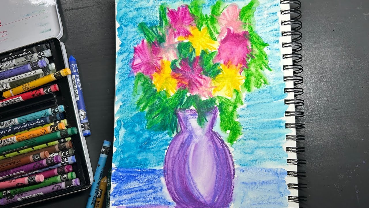 How to Paint Flower Vase with Watercolor Crayons Easy Floral Art Tutorial for Beginners