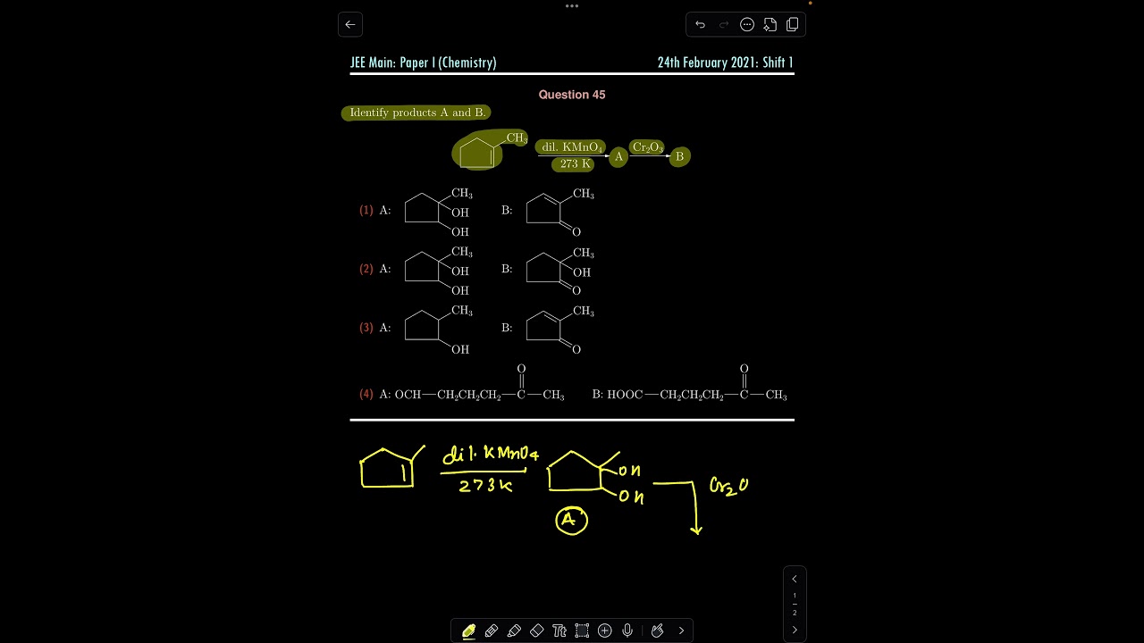 JEE Main PYQ | 1-Methylcyclopentene Reaction Sequence | Reaction of Alkene with Dil. KMnO4 & Cr2​O3