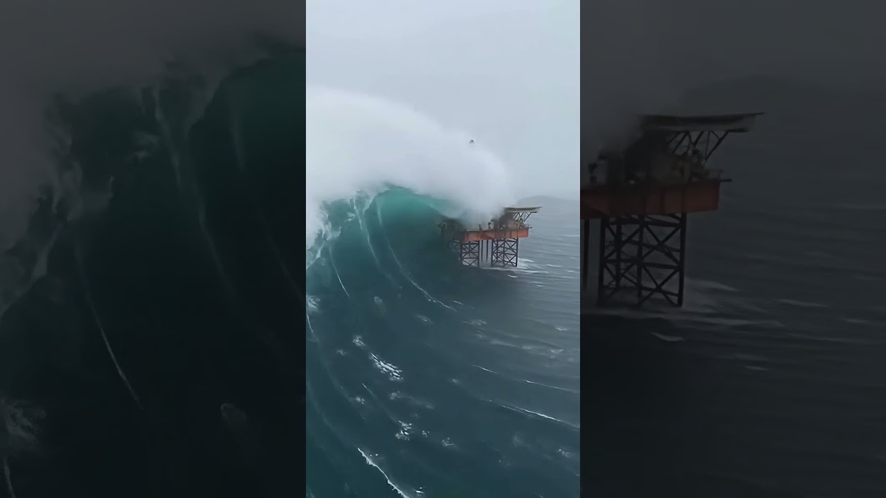 Helicopter Catches Massive Wave Hitting Oil Platform #maritime #extreme #shocking