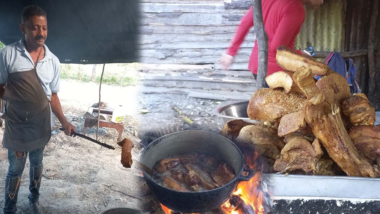 Fidencio haciendo chicharrones criollo a leña, la vida del campo en republica dominicana