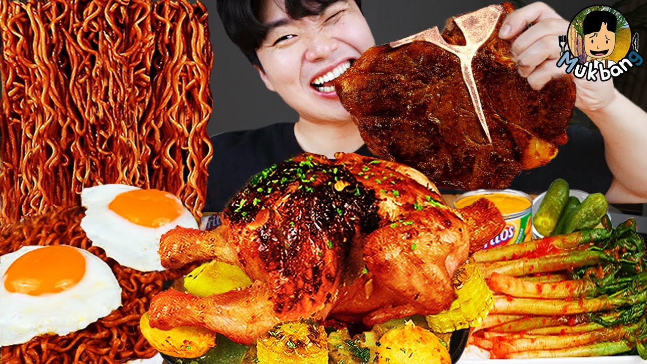 ASMR MUKBANG | Жареный цыпленок, стейк, лапша с черной фасолью, кимчи Корейская еда