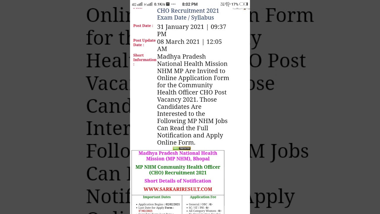 Madhya Pradesh NHM MP CHO Recruitment 2021 Exam Date / Syllabus