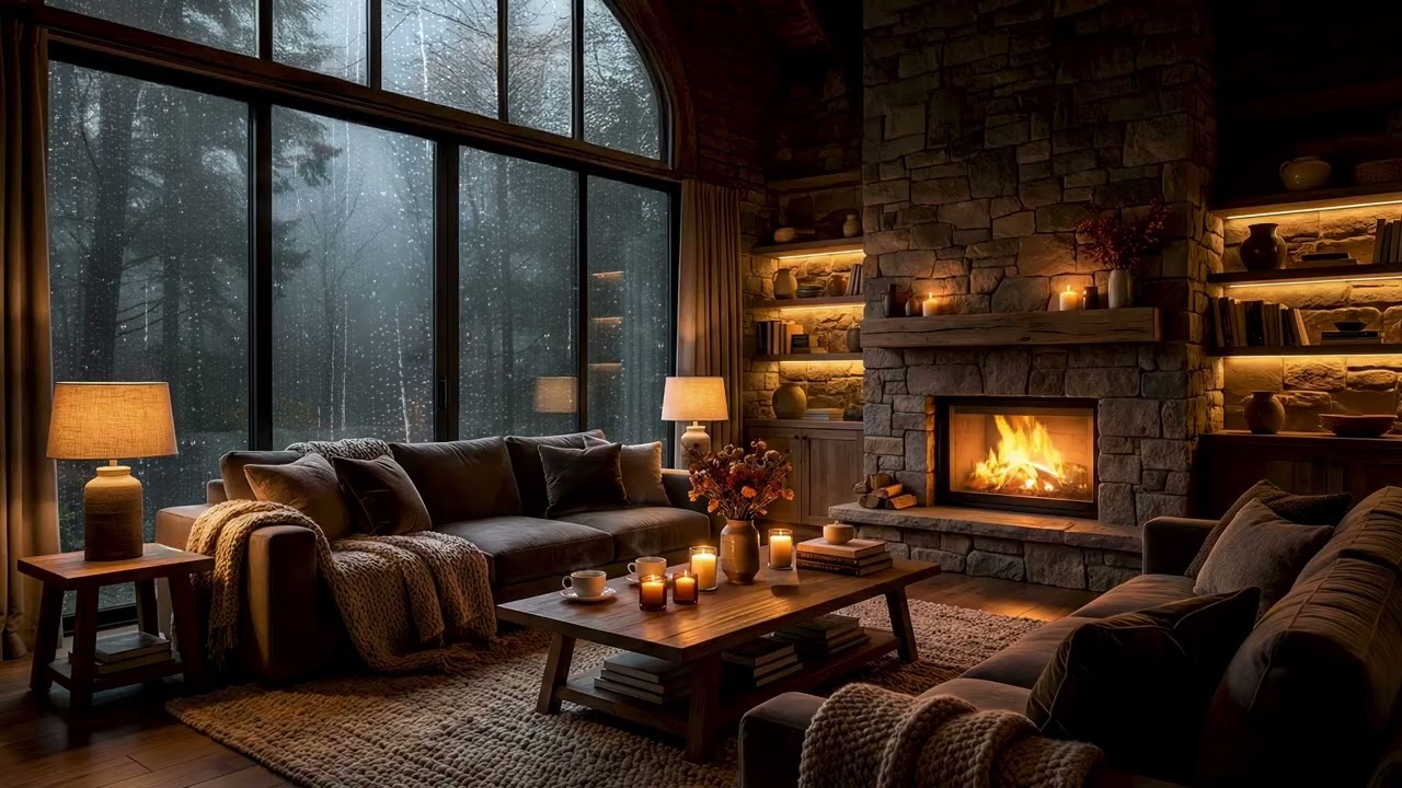 Forest Rain Sounds & Stone Fireplace | Cozy Cabin Ambience for Deep Sleep & Relaxation