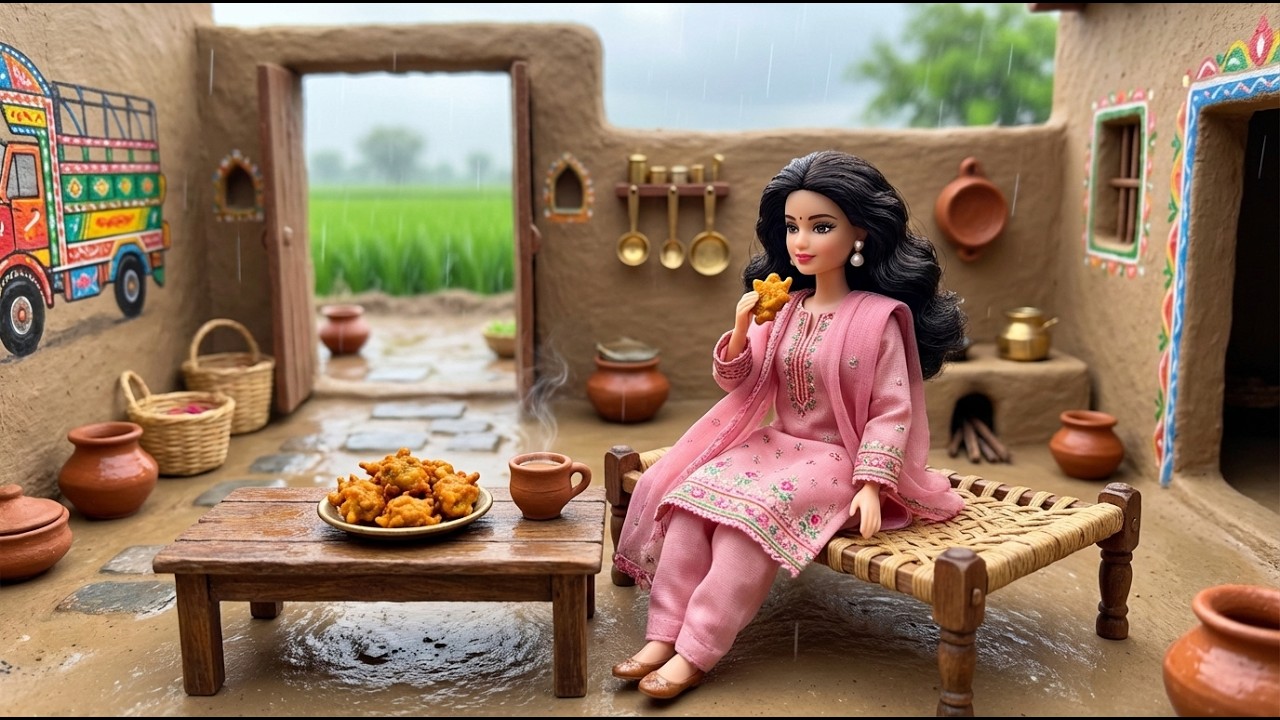 Rainy Morning 🌧️ in a Tiny Mud House l Cooking Crispy Pakoras & Tea | Miniature Village Life ASMR