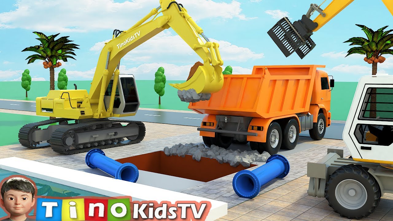 Excavator Hydraulic Hammer Drill & Clamp Trucks In Action | Fountain Pipe Repair Simulation