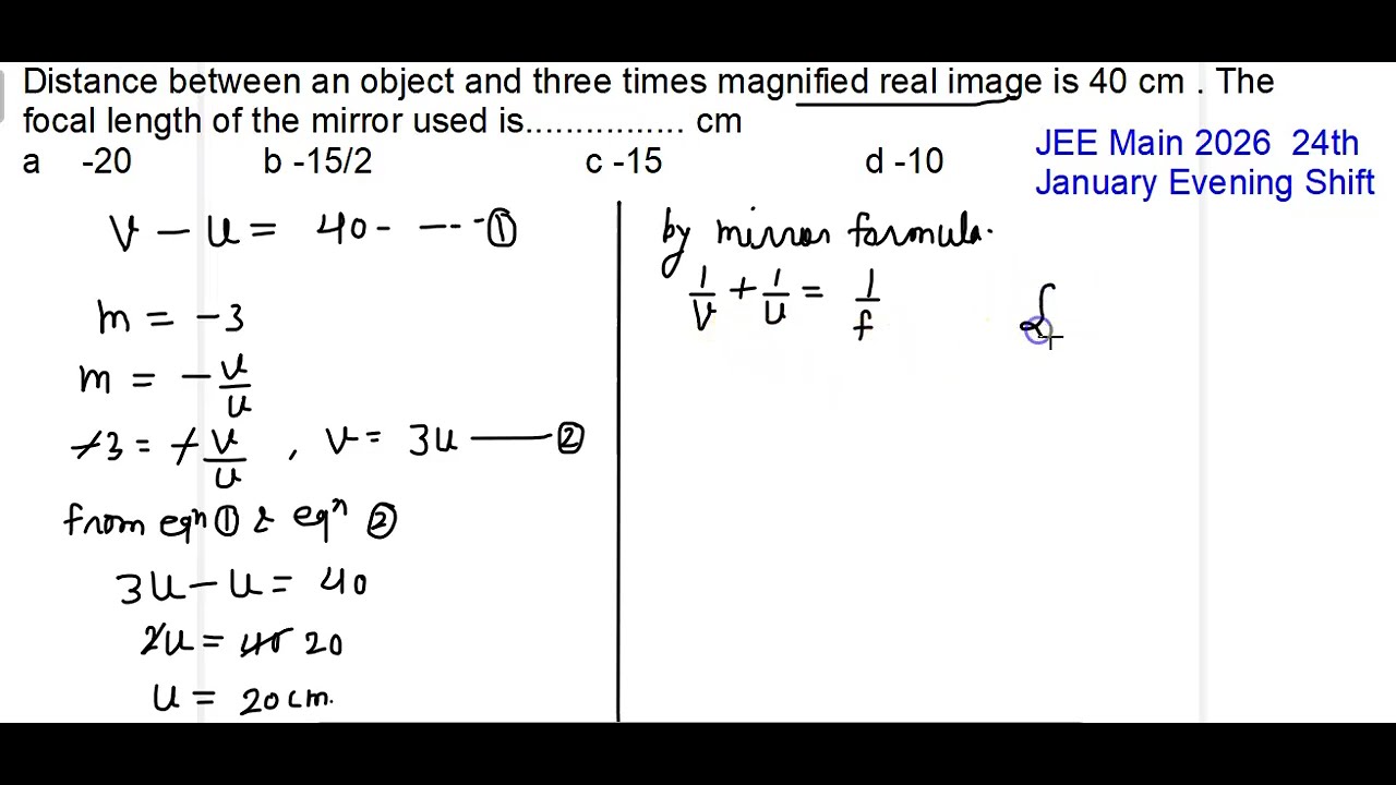 distance between an object and three times magnified real image is 40 cm ! iit jee mains 2026