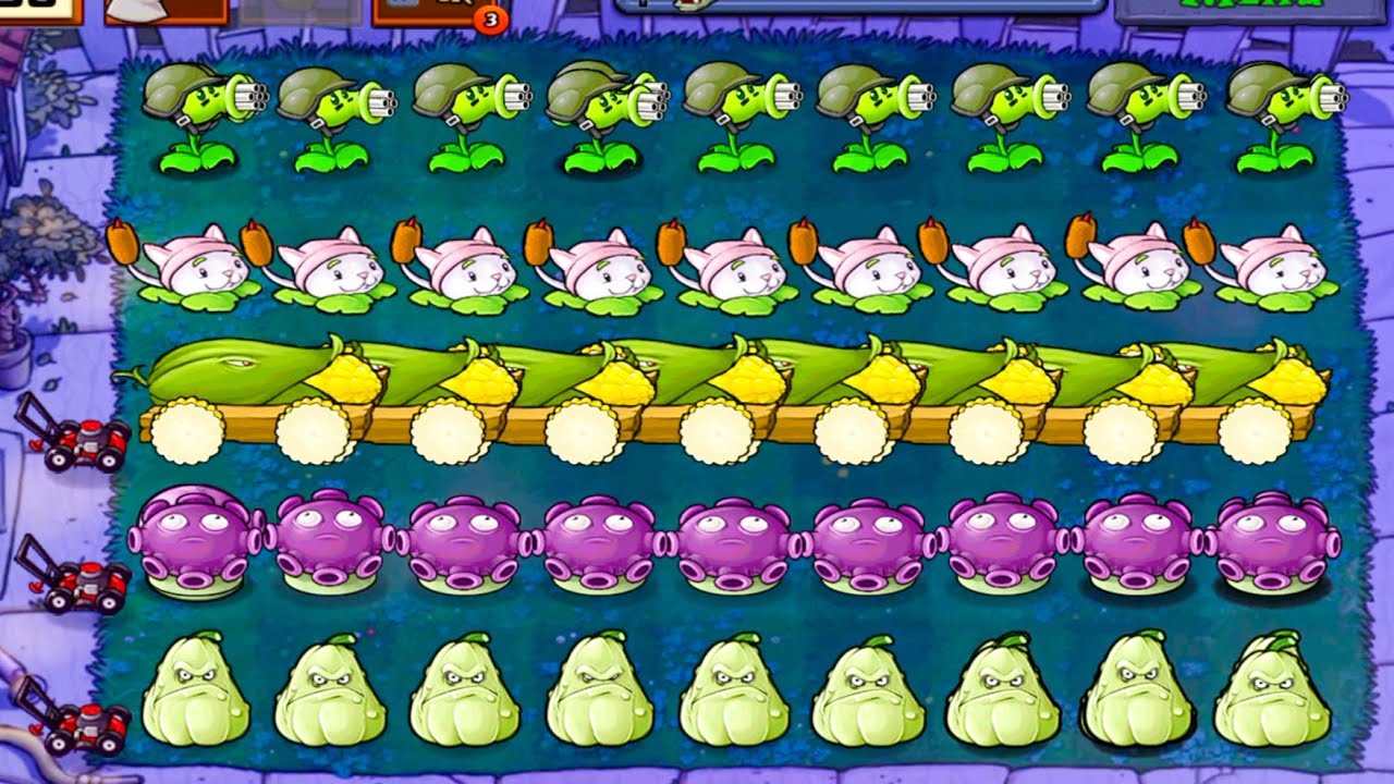 Plants Vs zombies Survival Night | Cob Cannon+Gatling Pea+Gloom Shroom+Cattail+Squash Vs All Zombies