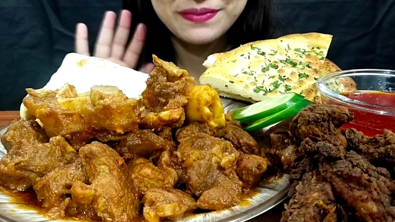 ASMR EATING SPICY MUTTON CURRY+TANDOORI NAAN+GARLIC NAAN+GREEN CHILLI || REAL MUKBANG(NO TALKING