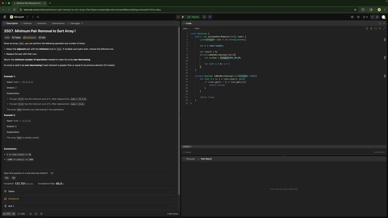 3507  Minimum Pair Removal to Sort Array I