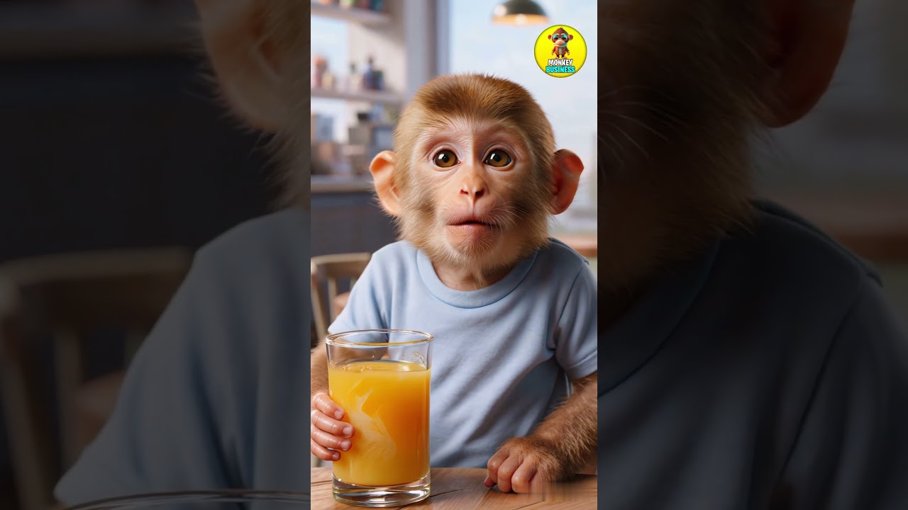 Cute baby monkey drinks orange juice and laughs! 😄❤️