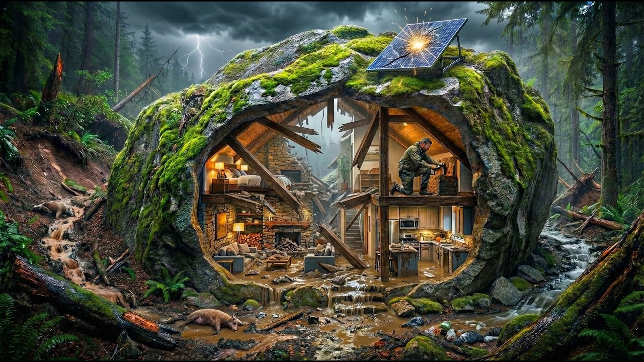 A Secret House Built Inside a Landslide-Protected Rock Shell (ASMR)