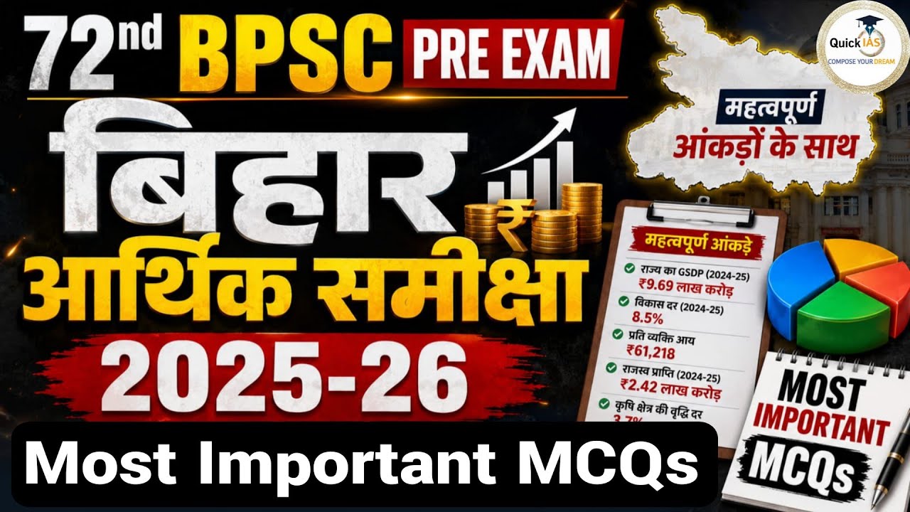 Bihar Economic Survey 2025-26 | MCQs | 72nd BPSC Pre Exam | बिहार आर्थिक समीक्षा महत्वपूर्ण प्रश्न