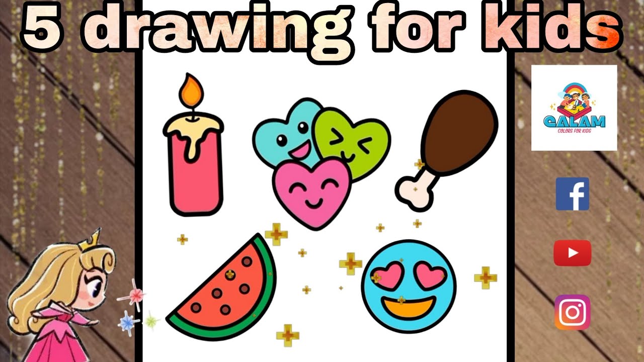 5 Easy & Fun Drawings for Kids | Candle, Heart, leg, Watermelon & Emoji
