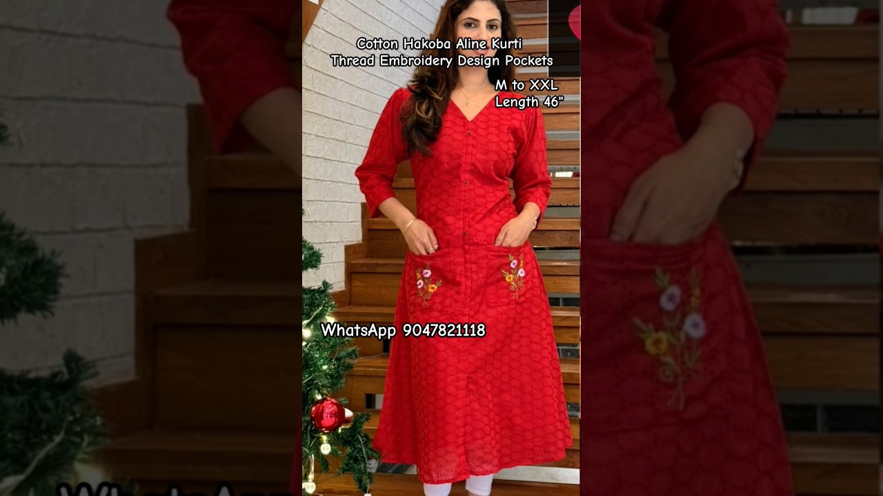 Cotton Hakoba Aline Kurti pockets #cotton #hakoba #kurtis #aline #embroidery #christmas #red