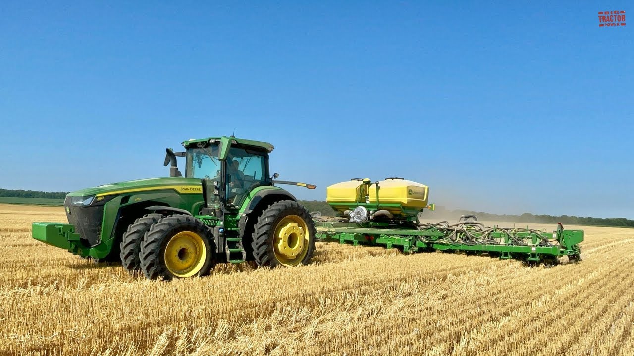 JOHN DEERE 8R 370 Tractor Planting Double Crop Soybeans