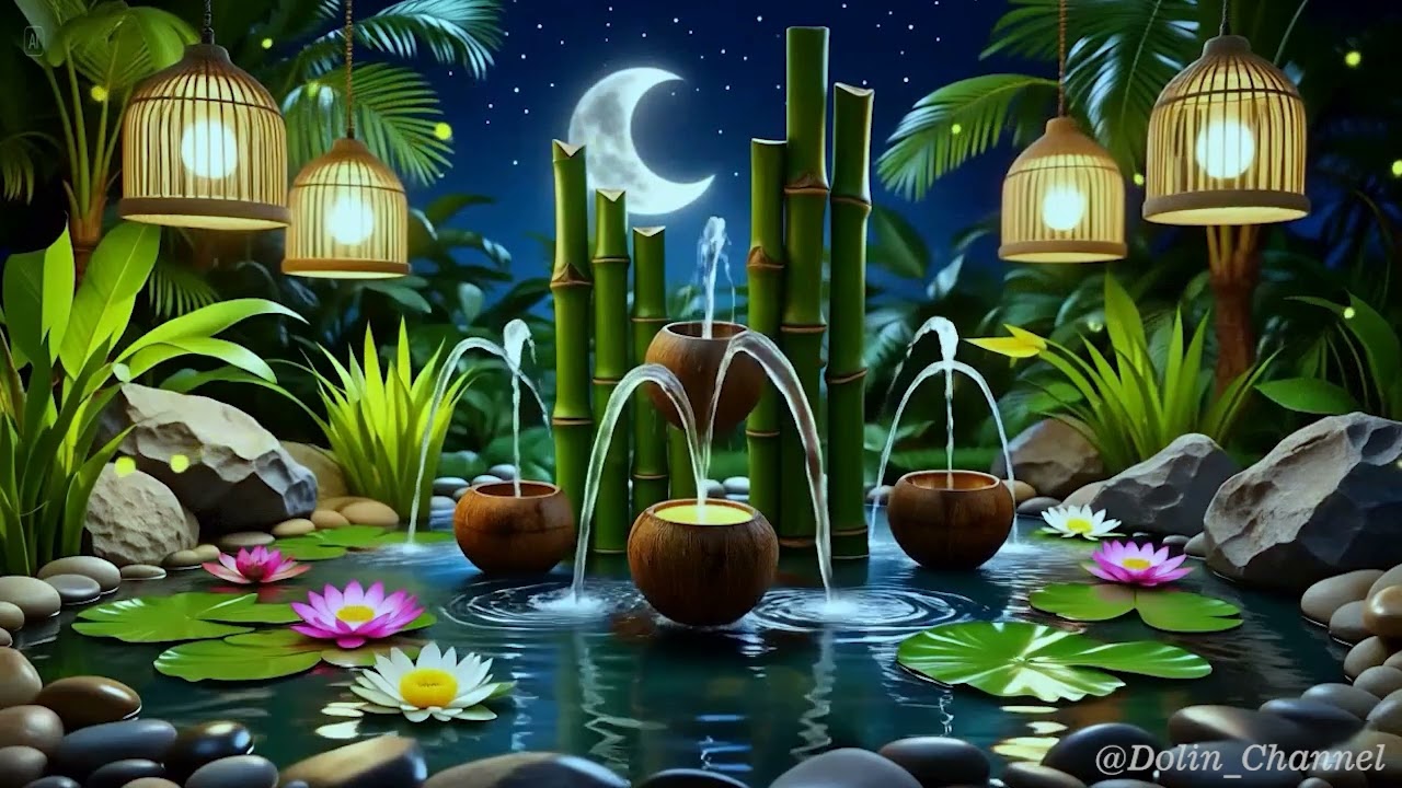 Tranquil Bamboo Fountain Escape 🌙 Soothing Sleep Ambience Under the Night Sky
