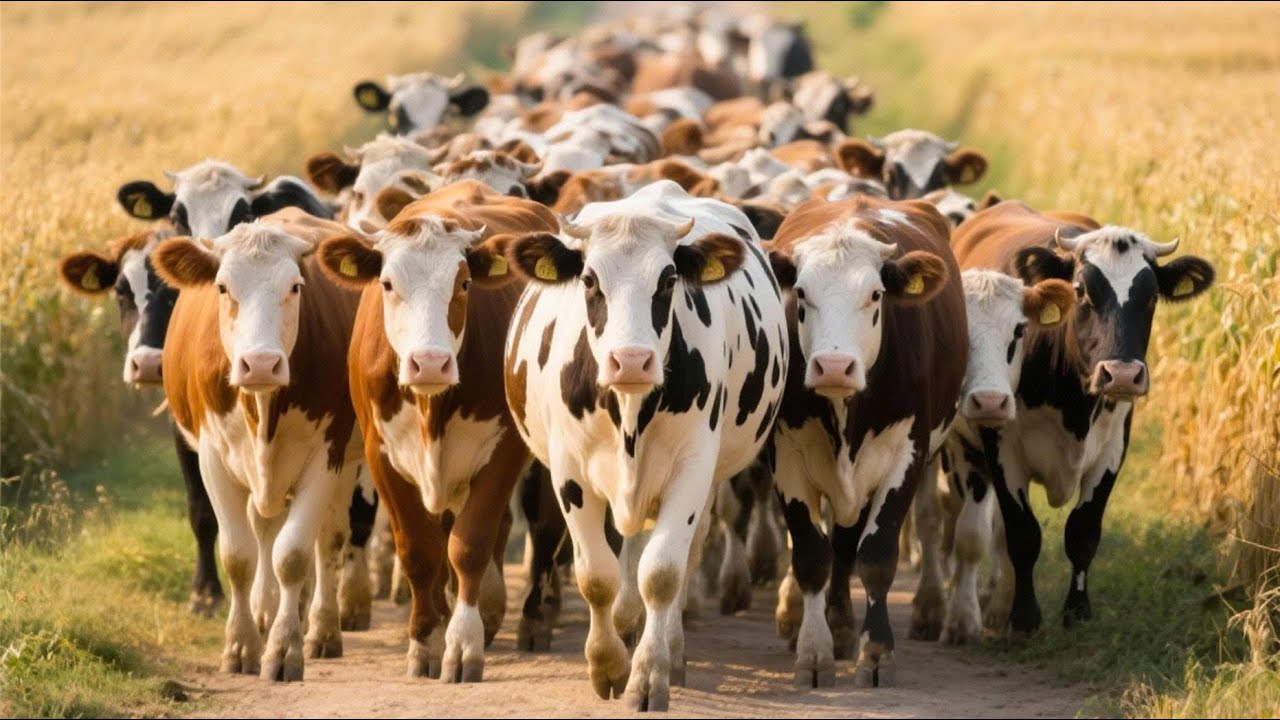 Cute cows on the golden rice fields - Cow bellowing - Video about cows