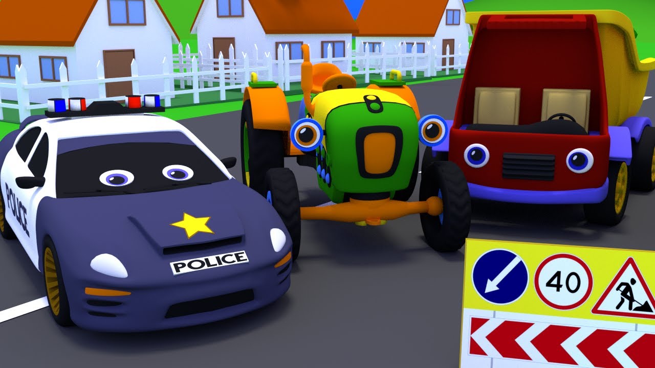 Cartoon cars compilation. Truck Tim, tractor Max, police car, ambulance, helicopter. Video for kids.
