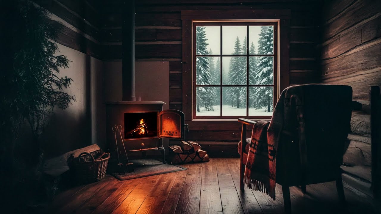 Sleepy Cabin Stove Fireplace with Snow Outside ❄️ 2 Hours for Deep Sleep & Relaxing Night Ambience