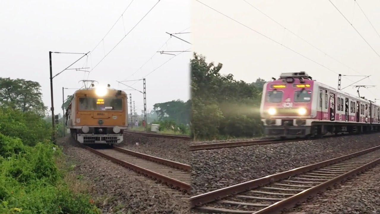 EVENING SUNSET BACK TO BACK PASSENGER EMU TRAIN LOKO PILOT LIGHT'S ON